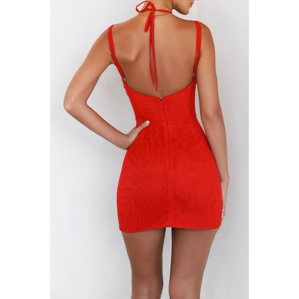 NWT Mistress Rocks Red Mesh Ruched Corset Mini Dress Halter Neck Lace Trim XS - Picture 5 of 15